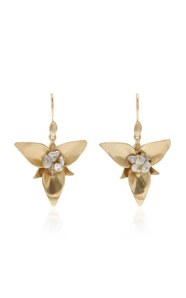 Large Trillium 14K Gold Pearl Earrings