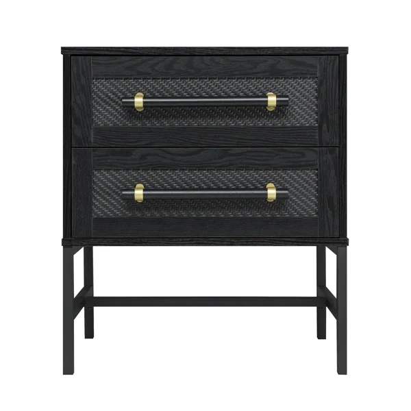 Sophia 2-Drawer Nightstand in Matte Black with Textured Front and Black Metal Base