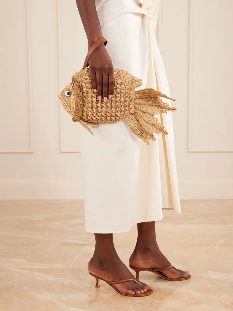 Fish raffia and leather-trimmed clutch