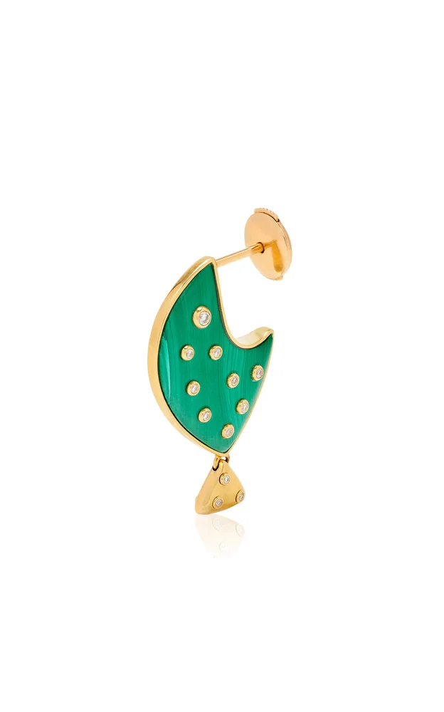 Clown Fish 9K Yellow Gold Diamond And Malachite Single Earring