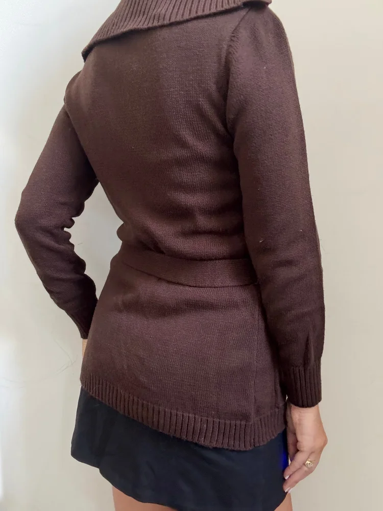 Vintage Dark Brown Button + Belted Cable Knit Size Small