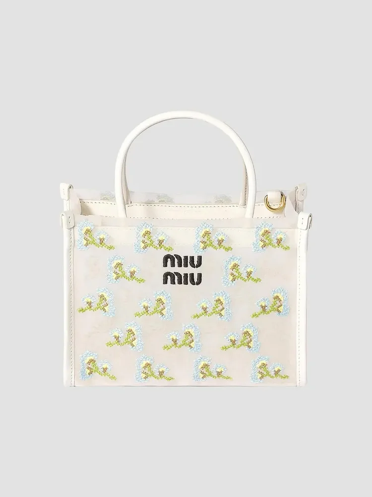 Embroidered Mesh Top Handle Bag