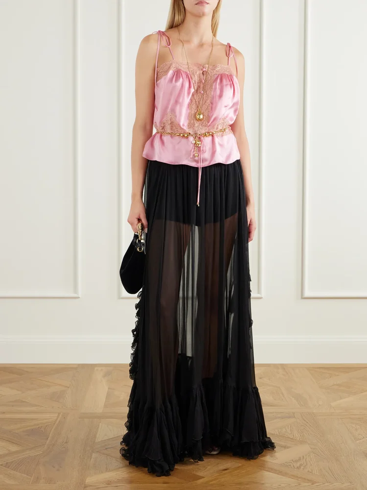Lace-trimmed silk-satin tank