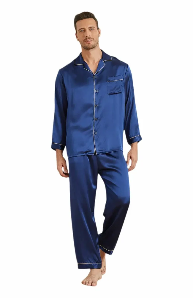 Men’s Lapel Long Sleeve Silk Pajamas Set