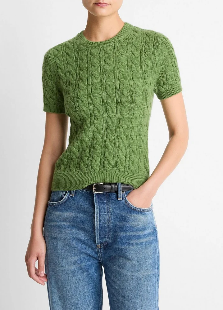 Cable-Knit Wool & Cashmere-Blend Short-Sleeve Sweater
