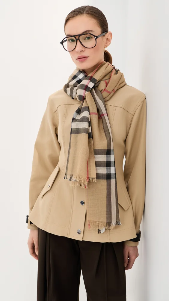 Wide Check Wool Silk Gauze Scarf