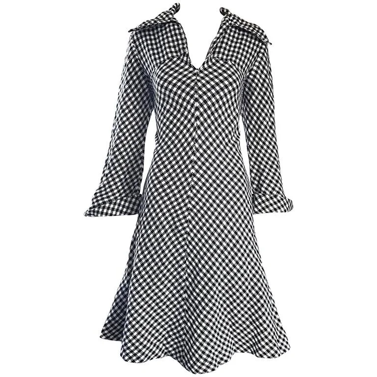 Chic 1960s Black and White Gingham Long Sleeve A - Line Vintage 60s Wool Dress