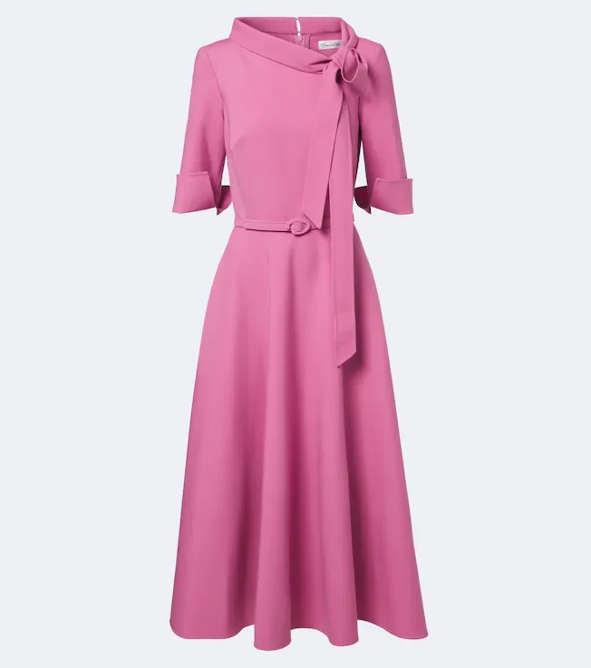 Belted tie-neck wool-blend midi dress
