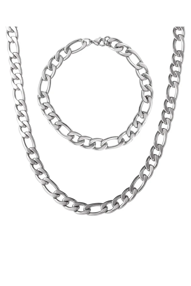 Stainless Steel Figaro Chain & Bracelet Set