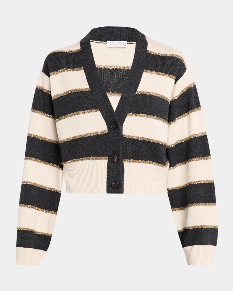 Luminous Striped Cashmere Crop V-Neck Cardigan