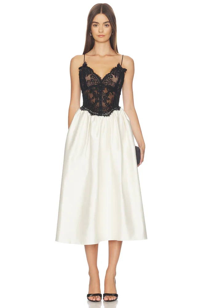Cream Taffeta Contrast Lace Midi Dress