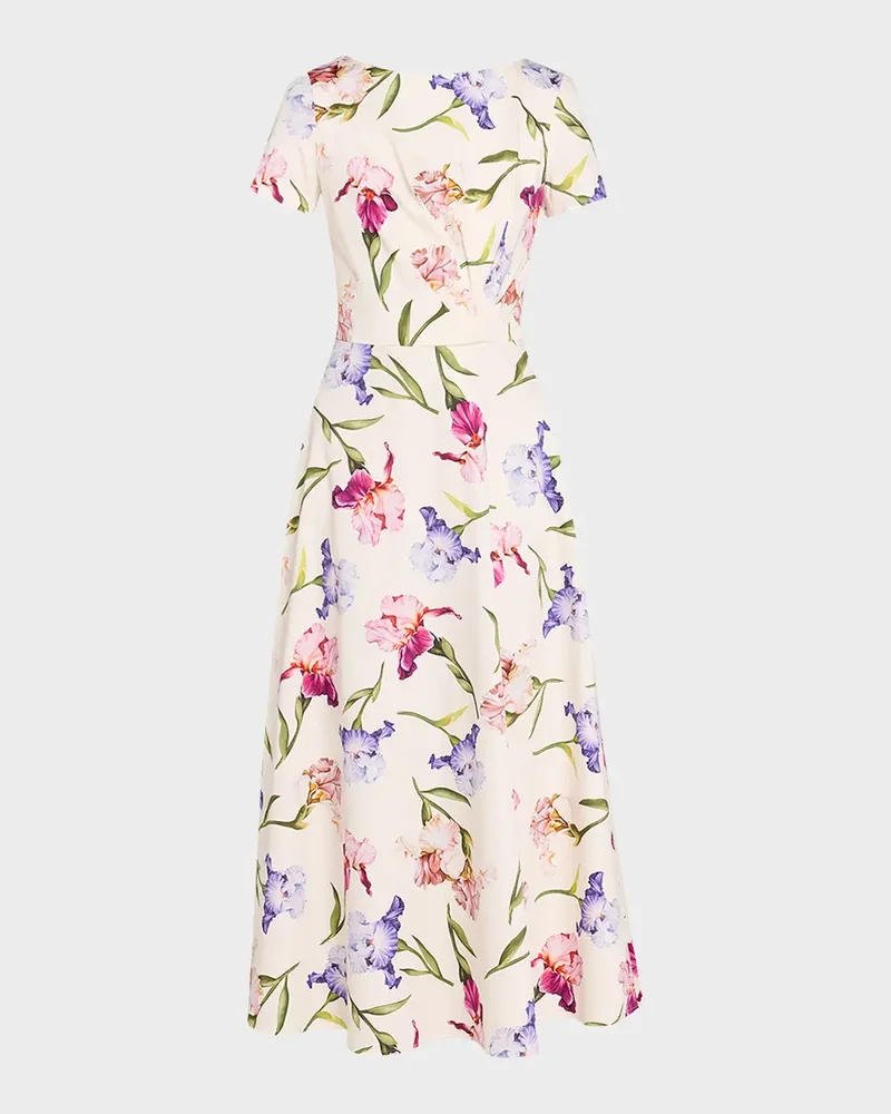 Painted Iris Cotton Poplin Short-Sleeve Midi Day Dress