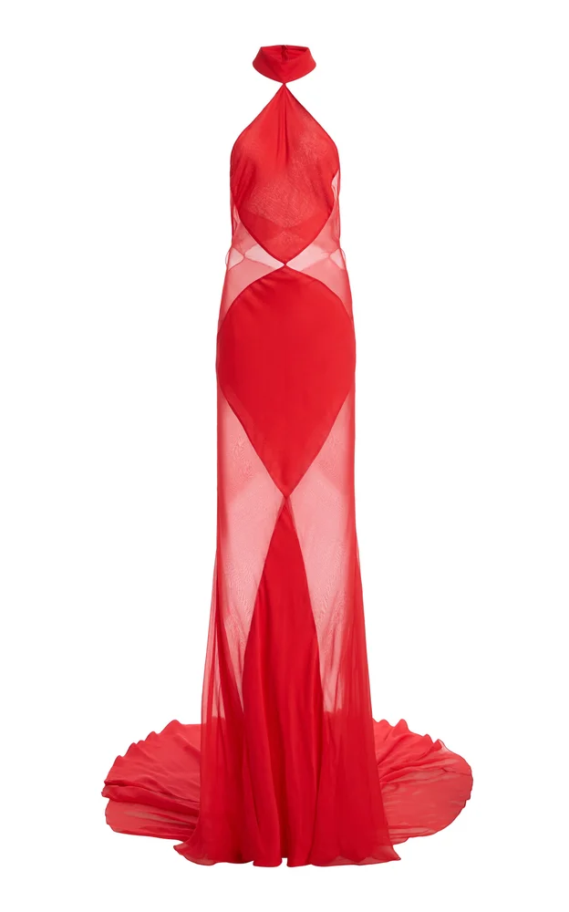 Bias-Cut Halter Silk Chiffon Evening Gown