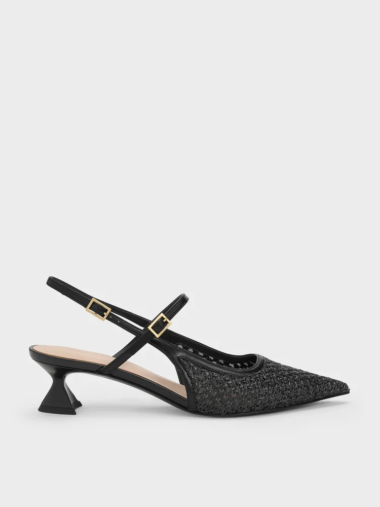 Raffia Sculptural-Heel Slingback Pumps