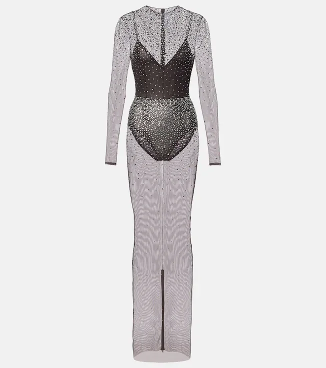 Crystal-embellished mesh maxi dress