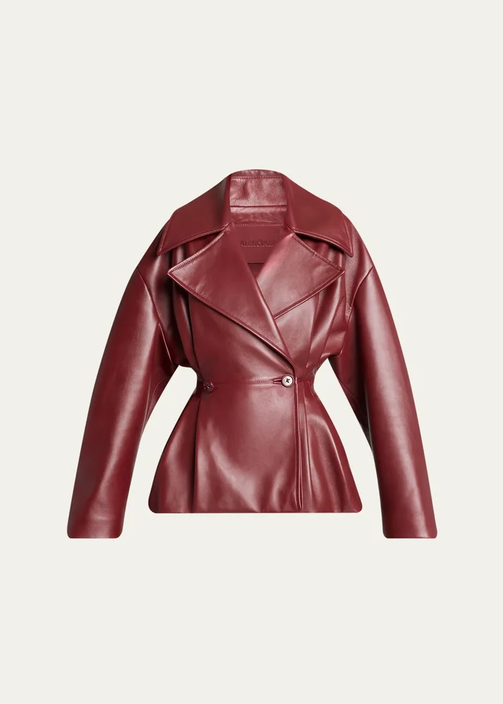 Pleated Leather Short Peplum Trench Coat