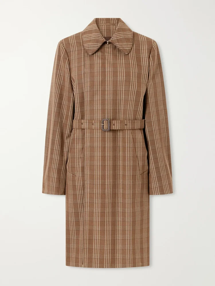 Linear belted checked wool-canvas coat
