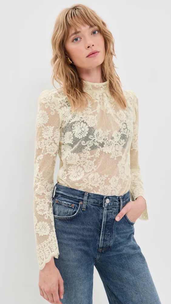 Cream Sequin Lace Top
