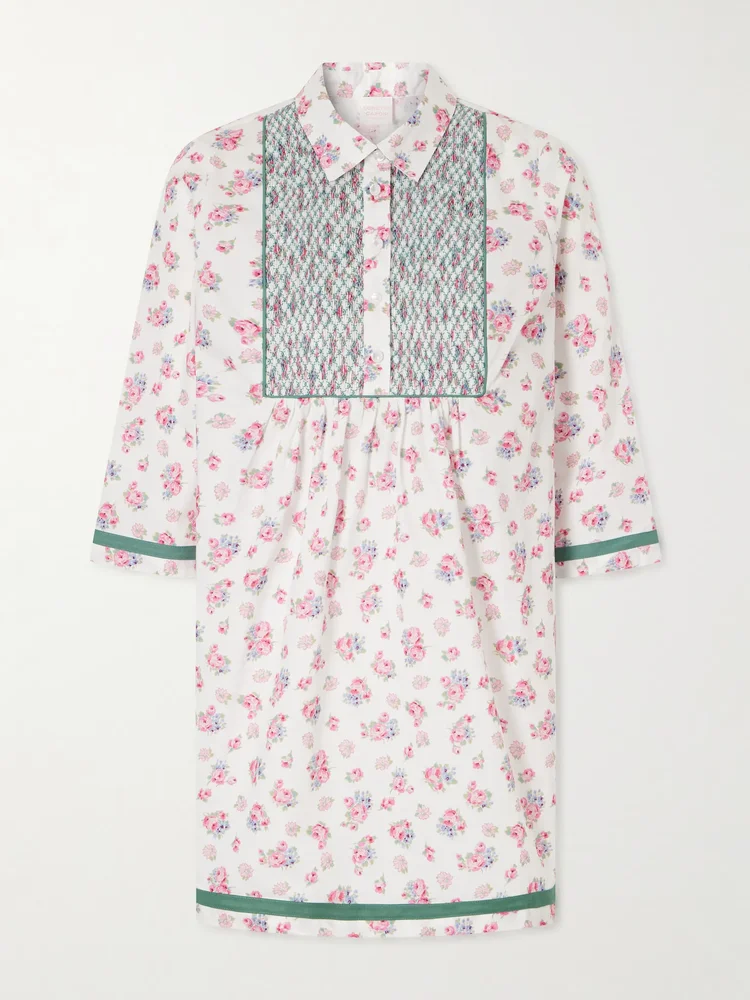 Alassio shirred embroidered floral-print cotton-poplin mini dress
