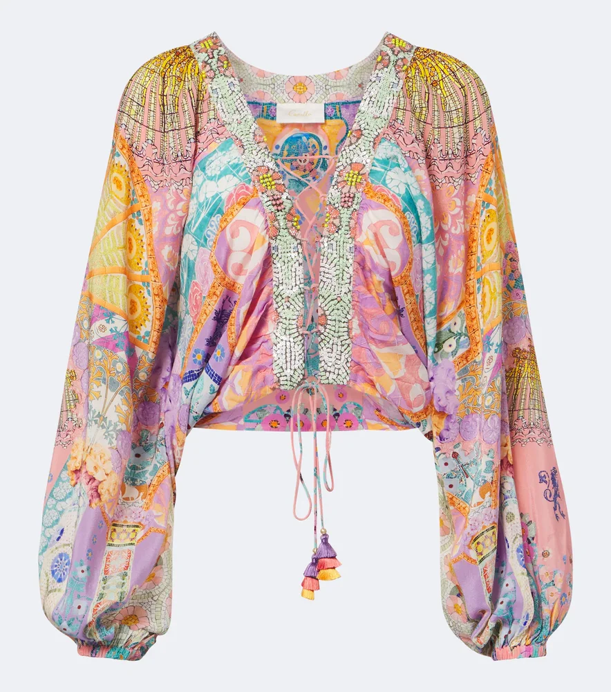 Embellished lace-up silk blouse