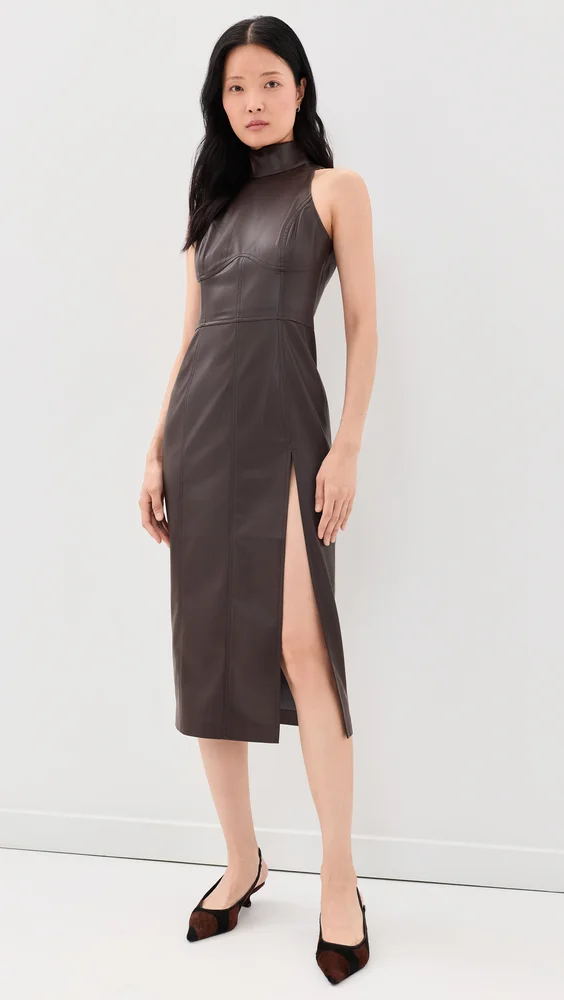 Faux Leather Mock Sleeveless Slit Dress