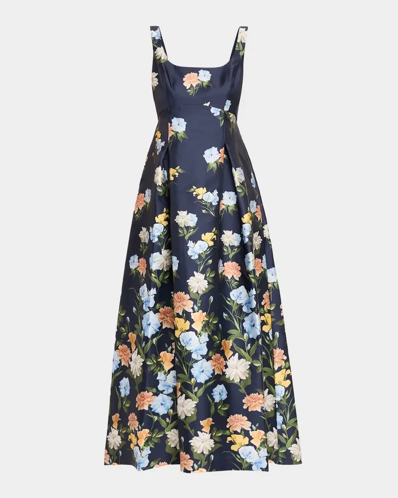 Aurora Pleated Floral-Print Mikado Gown