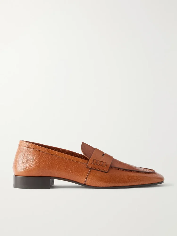 Glossed textured-leather penny loafers