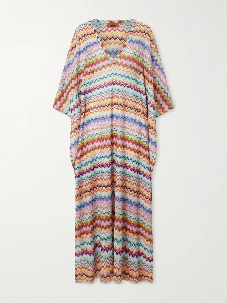 Striped metallic crochet-knit kaftan