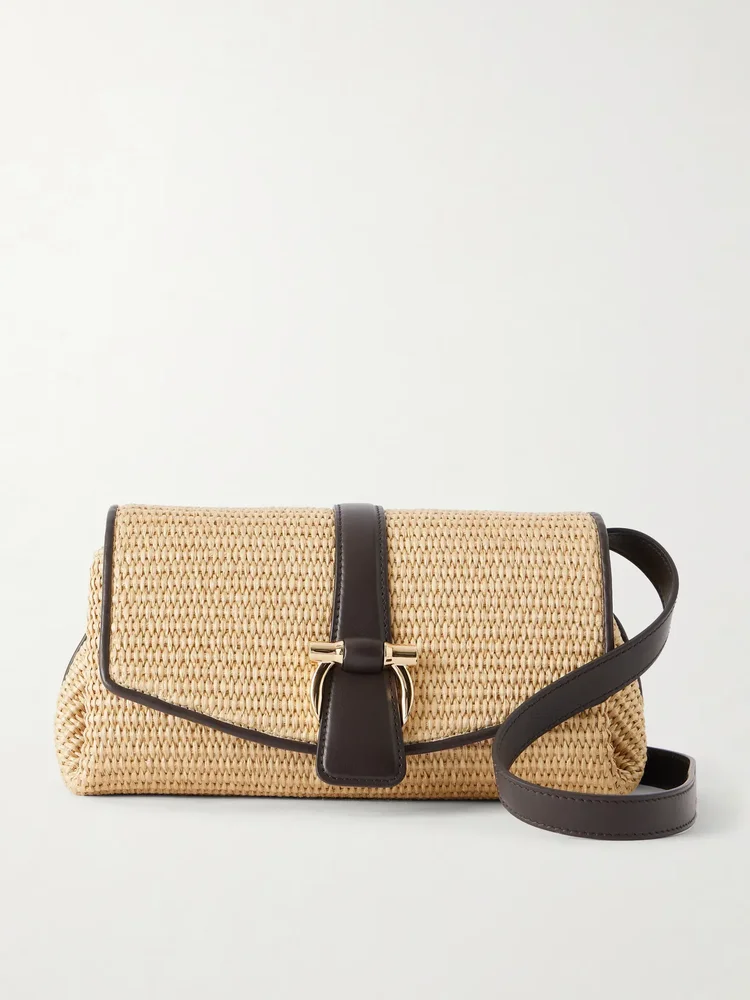 Leather-trimmed woven raffia cross body bag