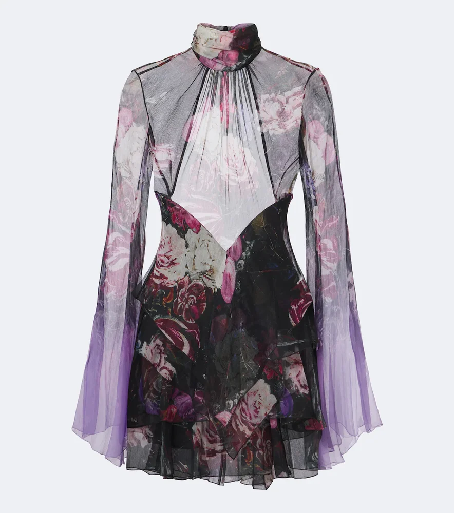 Floral open-back silk minidress
