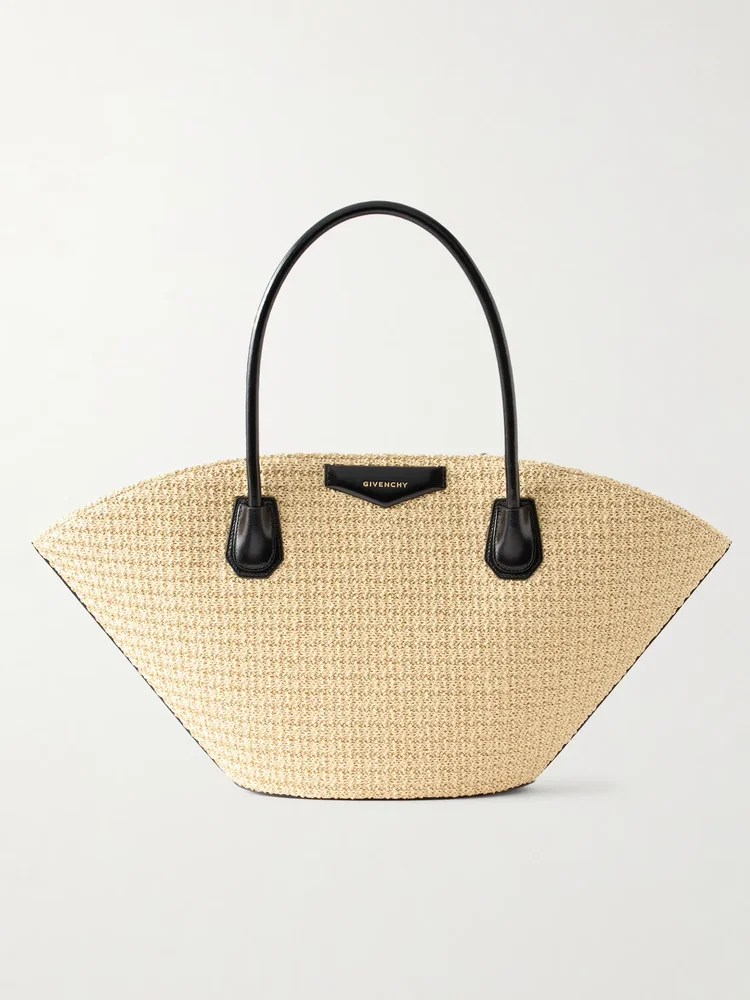 Antigona small leather-trimmed raffia tote