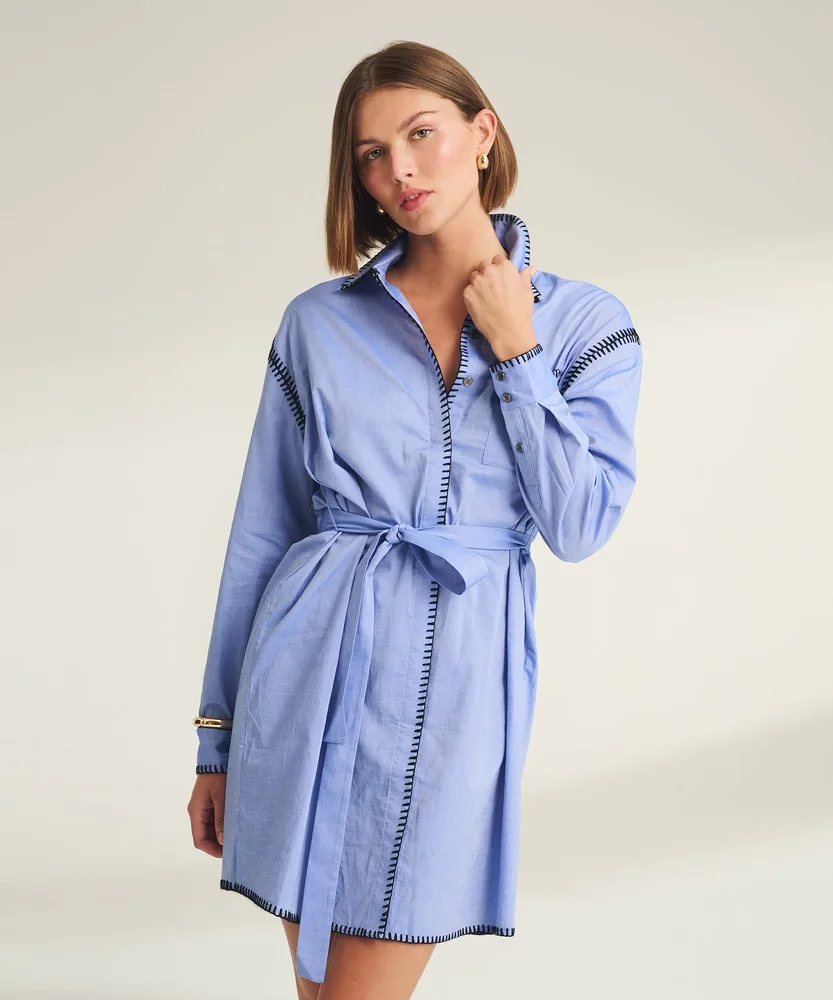 Woven Button Up Dress with Embroidery Detail