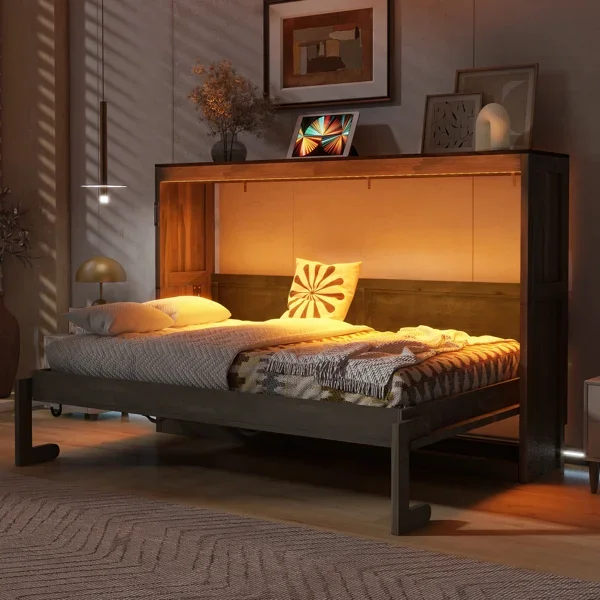 Twin Size Murphy Bed with LED Light and Desk, Foldable Wall Bed Cabinet