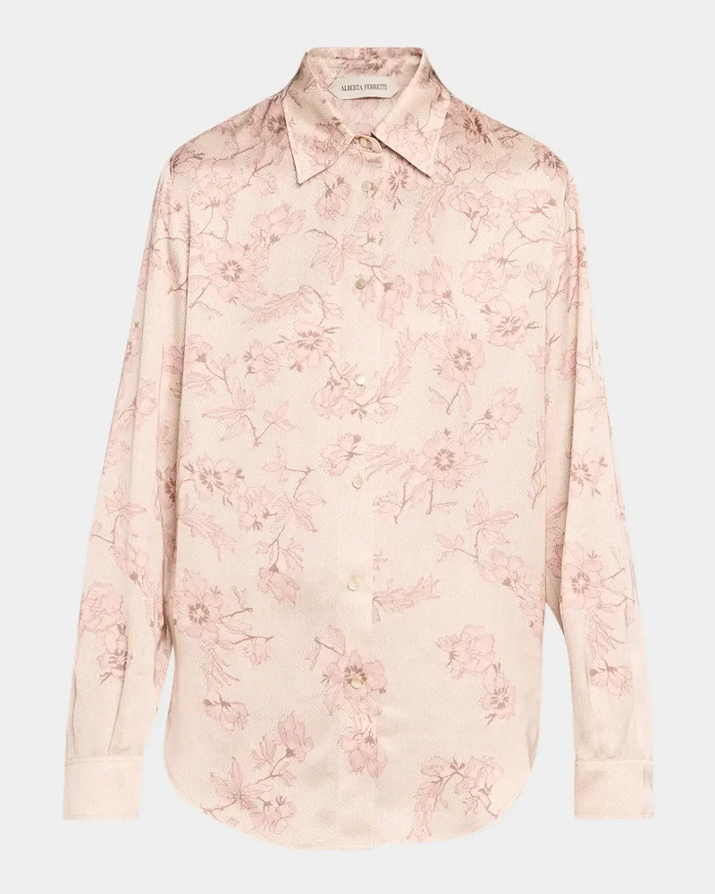 Floral Lace-Print Satin Button-Down Blouse
