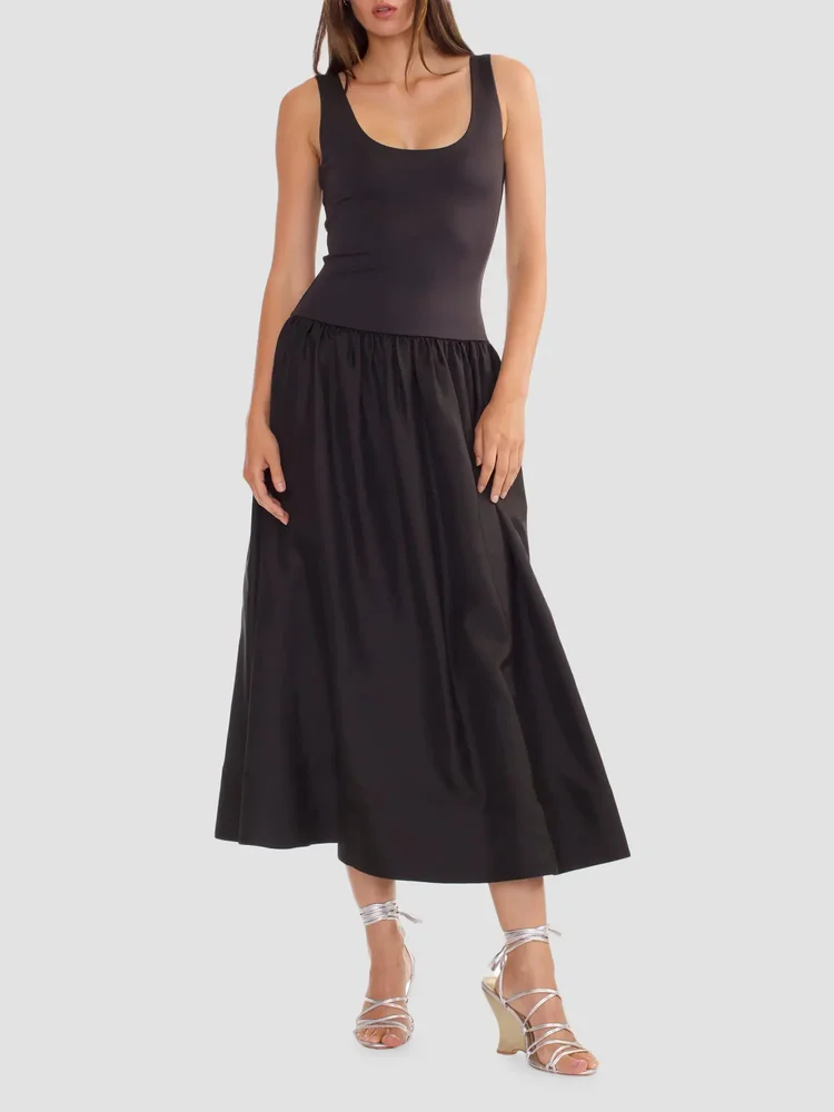 Mixed Media Dropwaist A-Line Midi-Dress