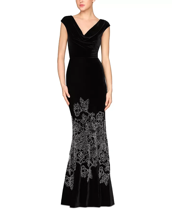 Ophelia Beaded Stretch Velvet Gown (Black/Silver)