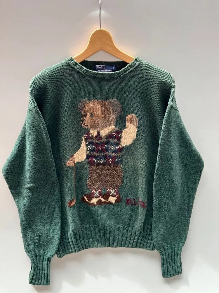 Vintage RL'92 Polo Ralph Lauren Green Polo Bear Hand-Knit Sweater