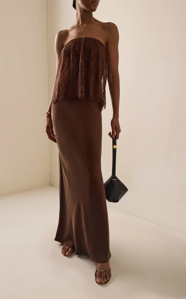 Visions Strapless Lace Satin Maxi Dress