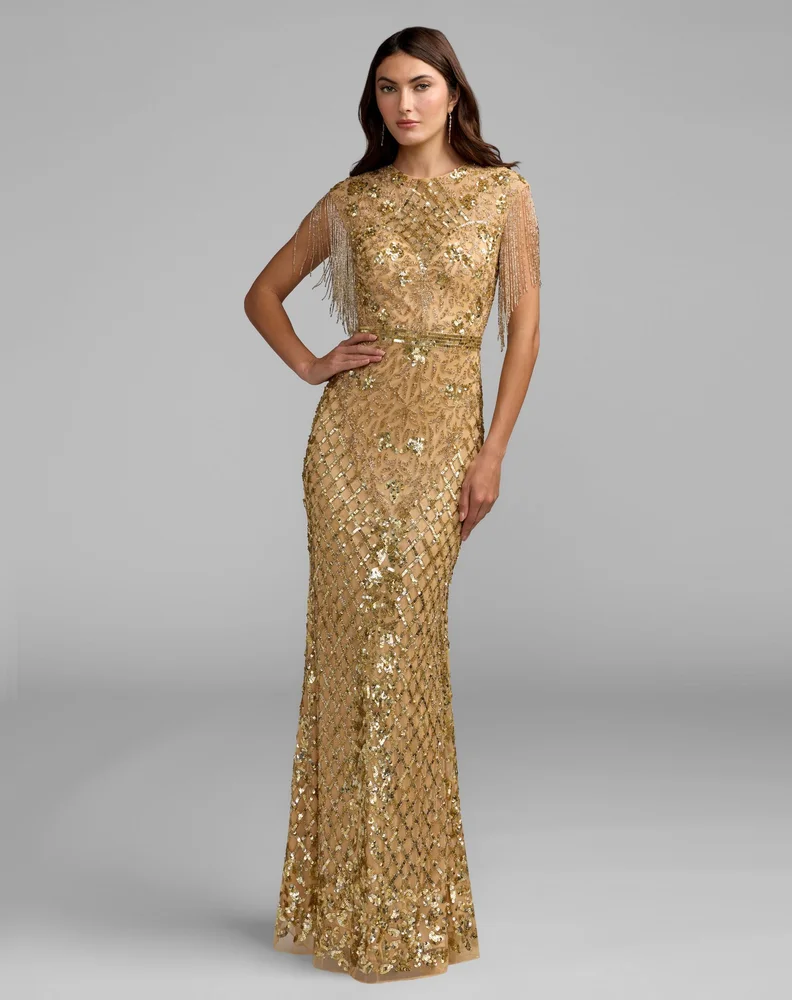 Gold High Neck Beaded Fringe Fitted Gown