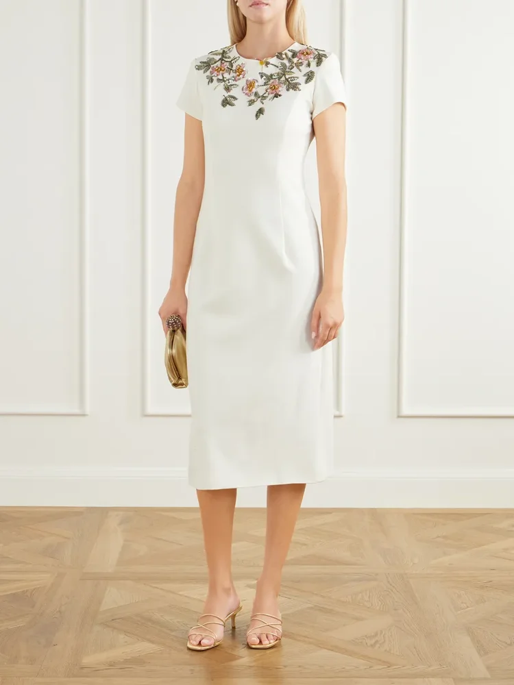 Floral-embellished wool-blend crepe midi dress