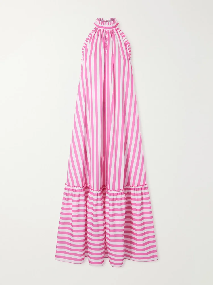 Melinda ruched striped cotton-poplin halterneck maxi dress