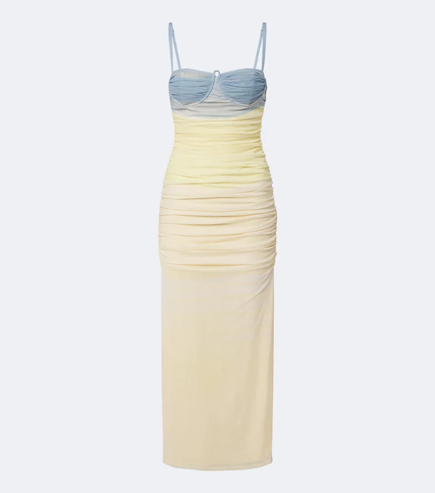 Printed ruched mesh midi dress