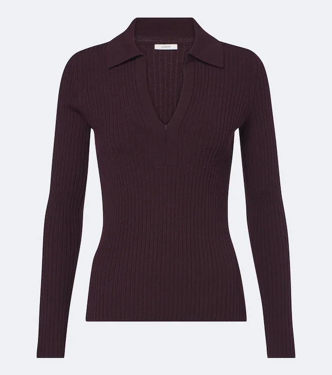 Ribbed-knit wool-blend polo sweater