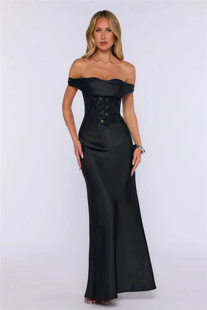 Confidence Society Off Shoulder Satin Maxi Dress Black