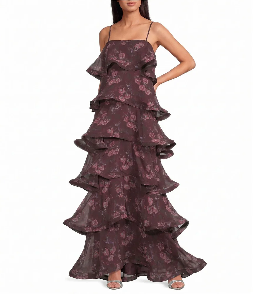 Rosaria Georgette Printed Square Neck Sleeveless Tiered Ruffle Dress