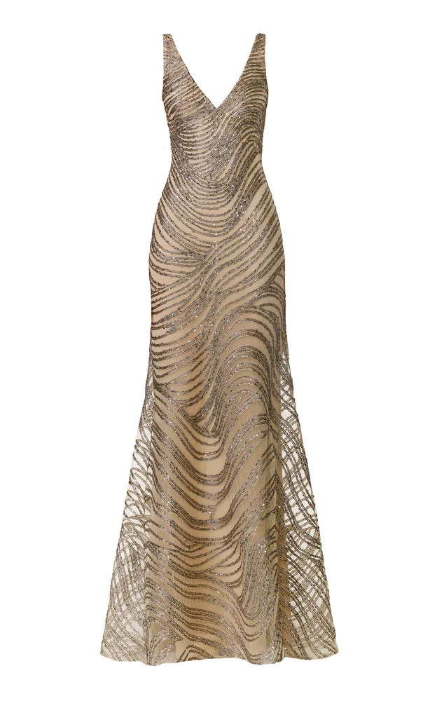 V-Neck Sequin Metallic Cording Fit-and-Flare Gown