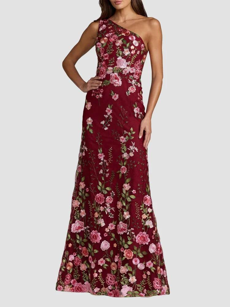 One-Shoulder Floral Embroidered Gown