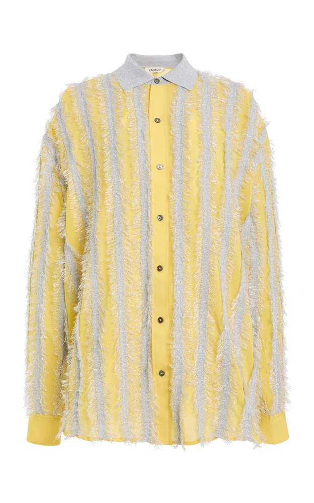 Fringed Silk Button-Down Shirt