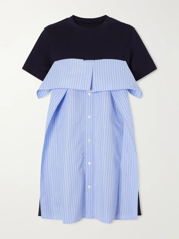 Paneled ruffled cotton-jersey and poplin mini dress