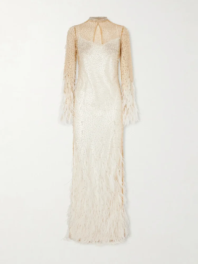 Mia embellished feather-trimmed tulle gown
